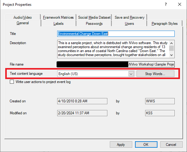 Project Properties window with the General tab open. Red box around the Text content language and Stop Words...