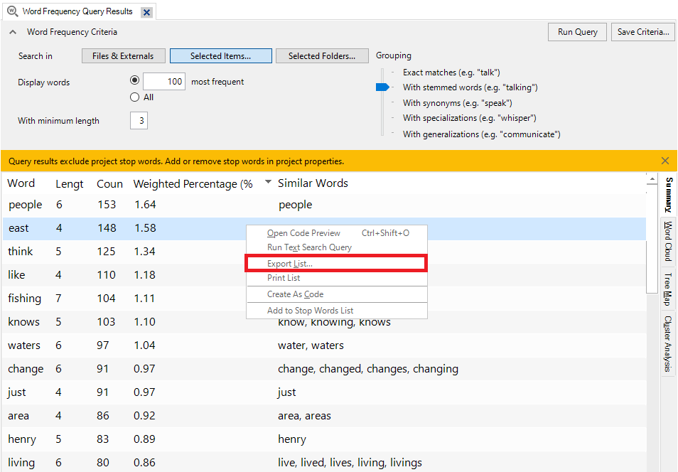 Context menu for the summary table with the export list... option outlined in red.