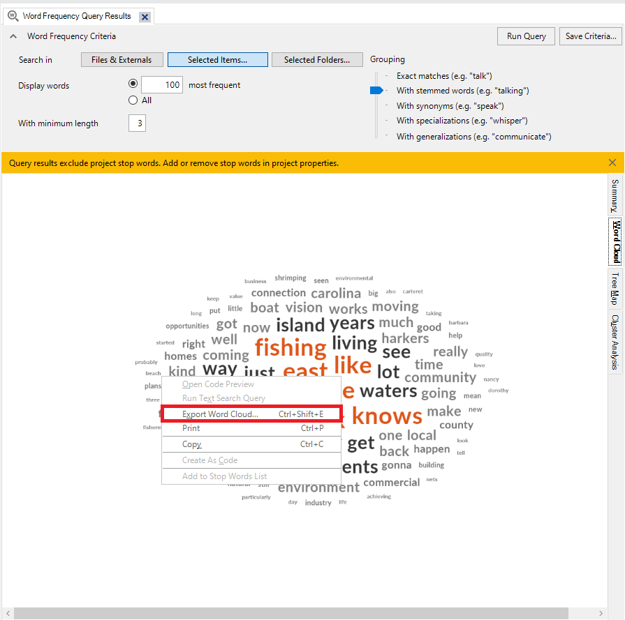 Context menu on the word cloud with the Export Word Cloud... option outlined in red.