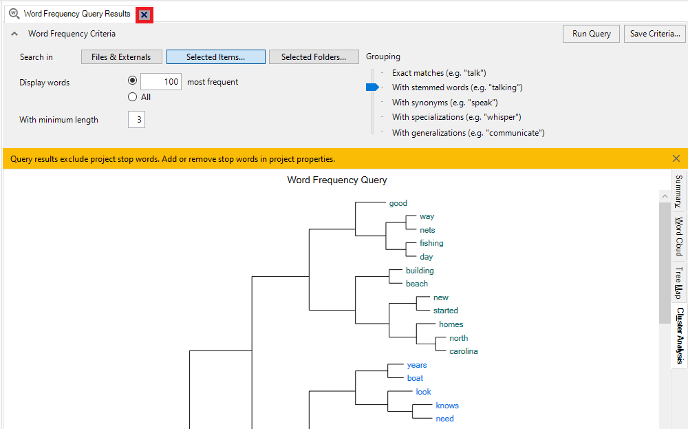 Red box around the query results window close button.