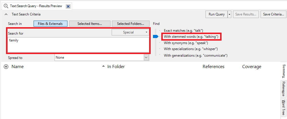 In the Text Search Query window, the search field is outlined in red and completed with family. A red box is around the With stemmed words option.