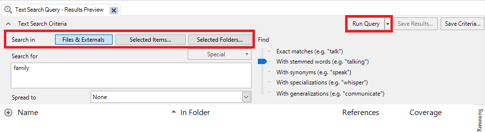 In the Text Search Query window, a red box outlines the Search in settings and Run Query.