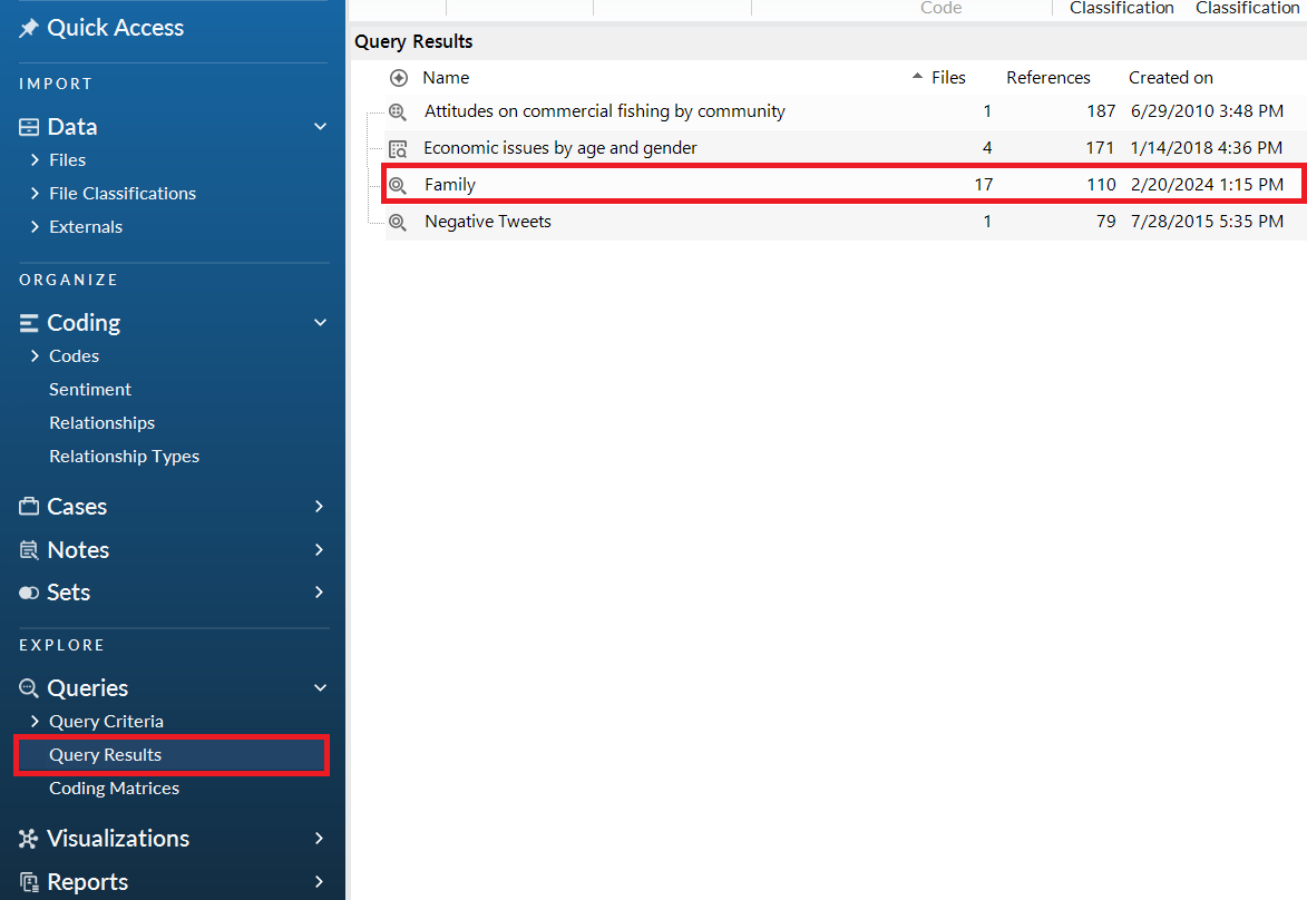 In the left menu, red box around Query Results. In Query Results list, Family is outlined in Red.