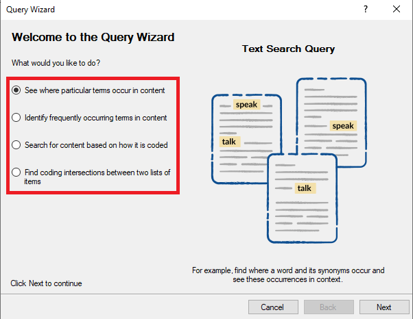 Query Wizard window with a red box around the four options on the left.