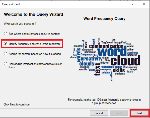 Query Wizard window with the second option selected and outlined in red. A red box around Next.