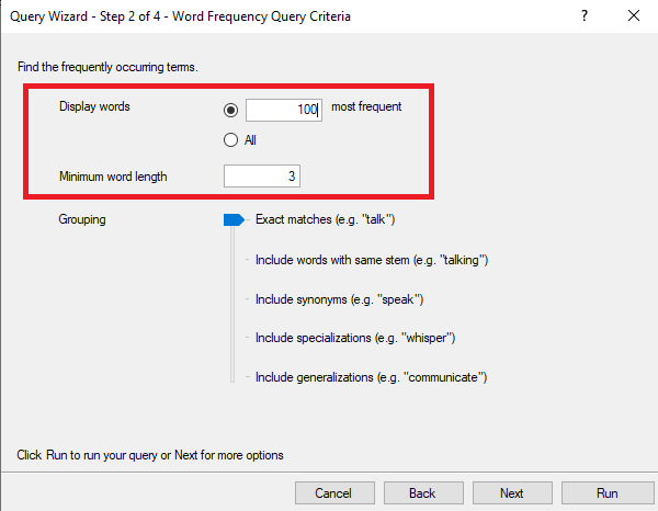 In the word frequency Query criteria pop up, the display words are set to 100 and the minimum word length is set to 3. a red box surrounds the two sections. 