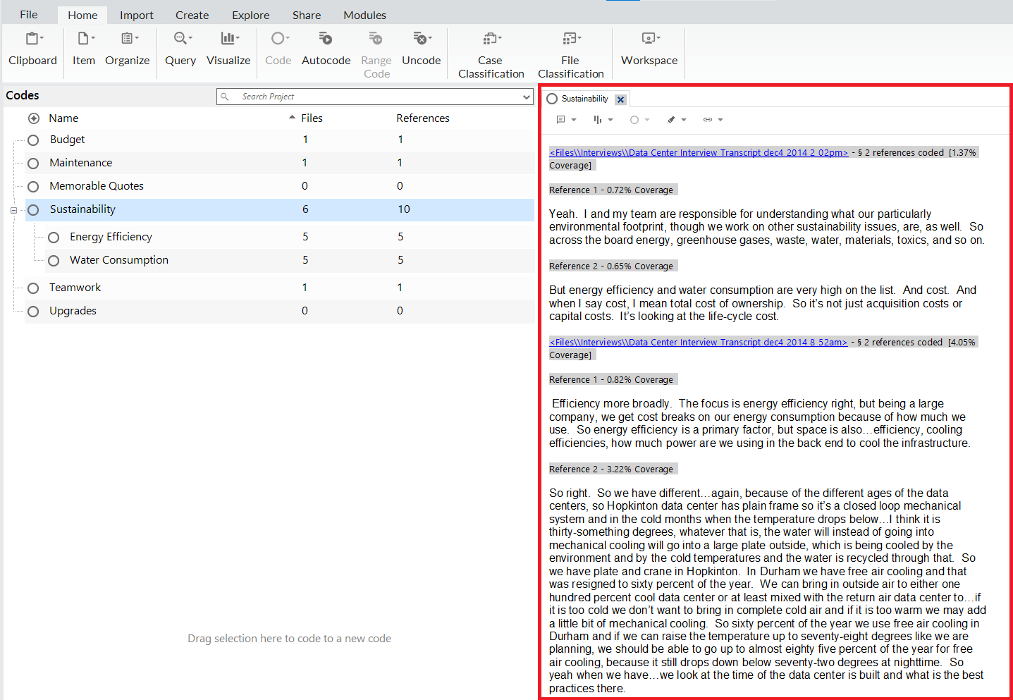 The Sustainability code opened, with all the references from child codes visible.