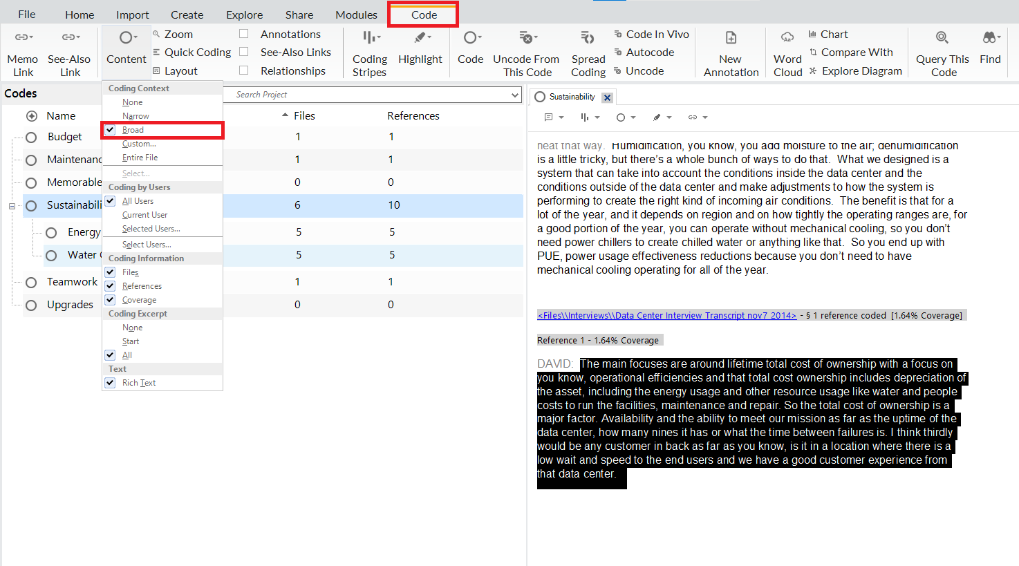 The Sustainability code text selected. In the Code ribbon, the Content drop-down menu is opened and the Broad option is outlined.