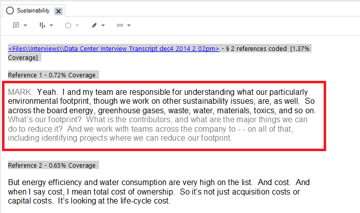 The Sustainability code opened, with grey text above and below each reference. One example outlined in red.