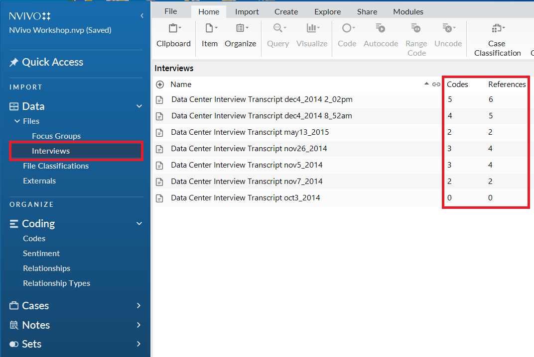 In the interviews folder, the codes and references columns are outlined.