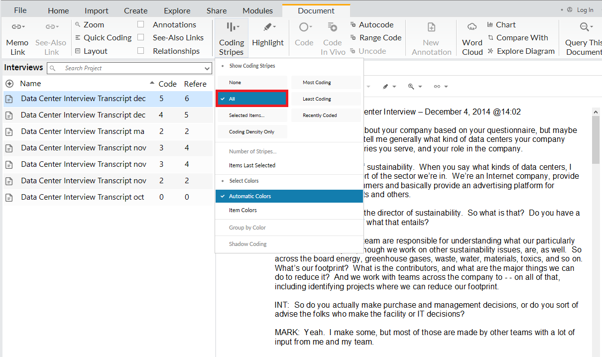 In the Document Tools ribbon, the Coding Stripes drop-down menu is open and All Coding is outlined in red.