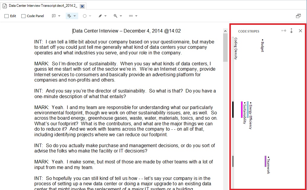 Red box around the coloured stripes along the right of the transcript text.