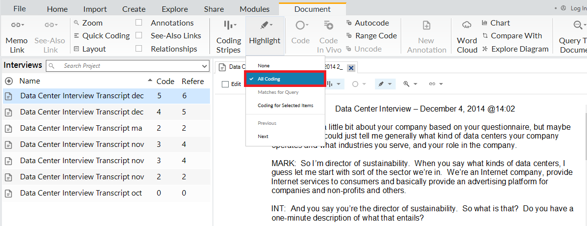 In the Document Tools ribbon, the Highlight drop-down menu is open and All Coding is outlined in red.