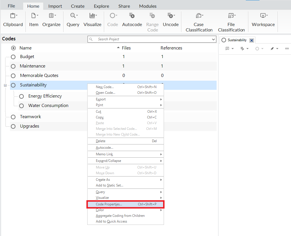 Context menu for the sustainability code with a red box around the Code Properties option.