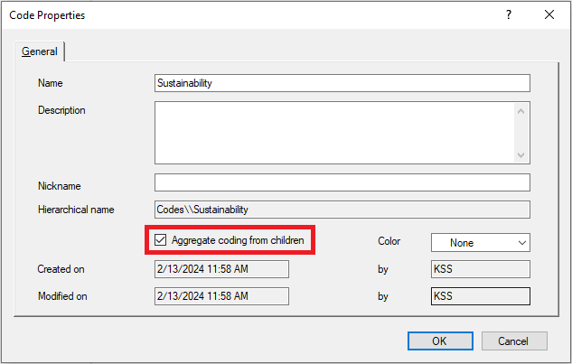 Code properties window with the Aggregate coding for children box outlined and checked.