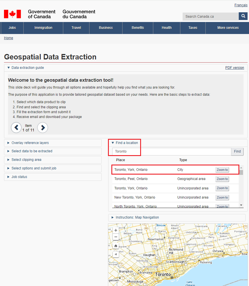 The Government of Canada's geospatial data extraction page. In the "Find a location" text box, the prompt "Toronto" has been used.