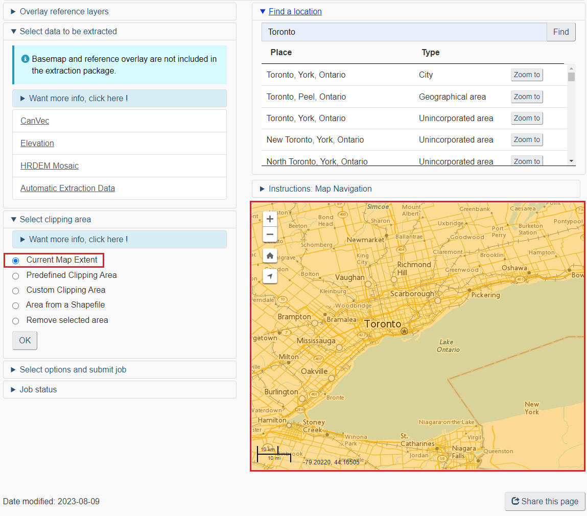 Expanding the "Select clipping area" tab, "Current Map Extent" is selected