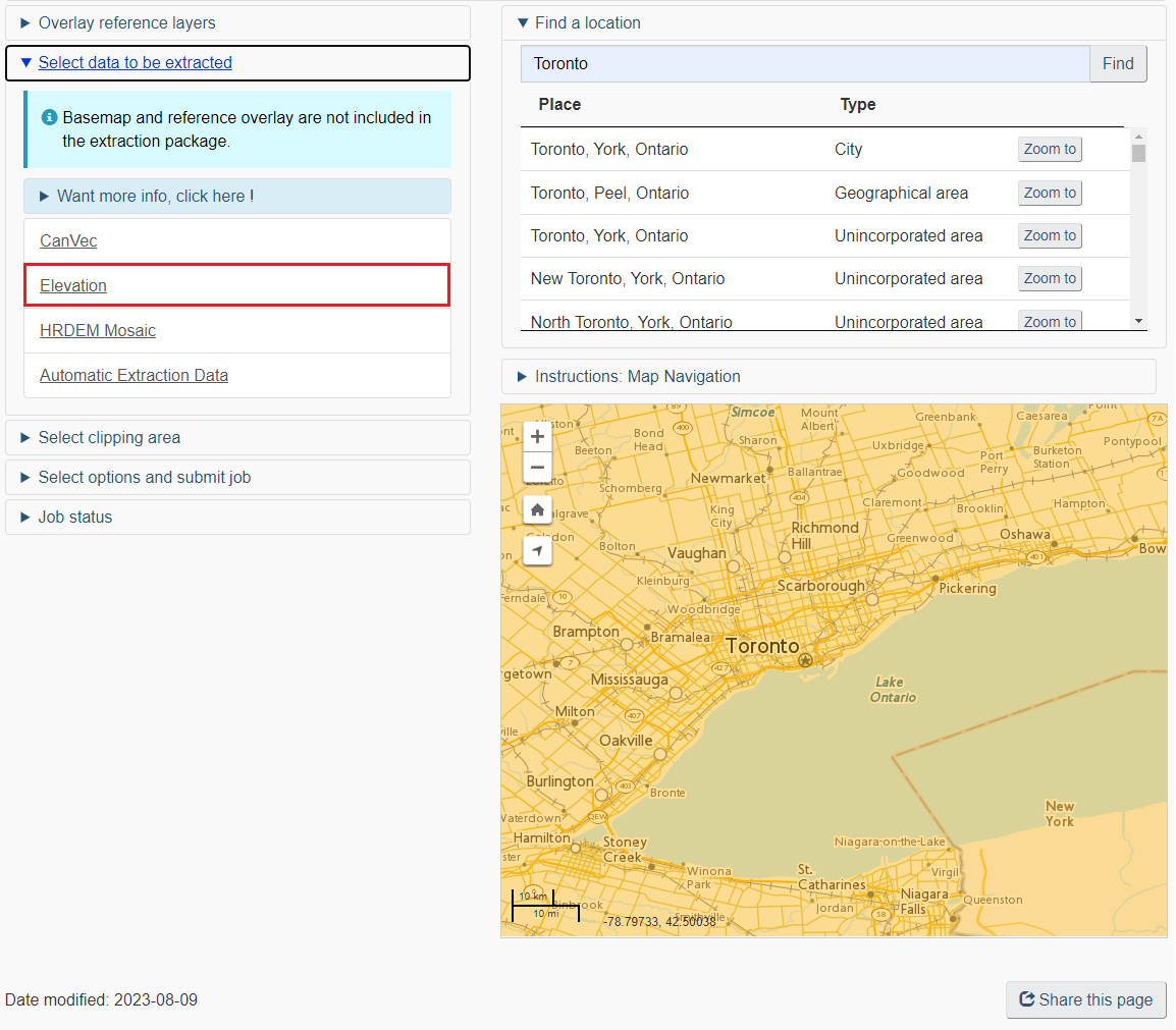 Expanding the "Select data to be extracted" tab, "Elevation" is selected.