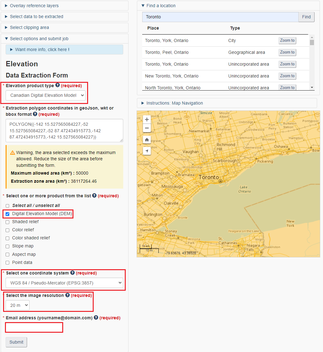 Expanding the "Select options and submit job" tab, "Canadian Digital Elevation Model" is selected in the "Elevation product type" menu. "Digital Elevation Model (DEM)" is checked of in the products list. The selected coordinate system is "WGS 84 / Pseudo-Mercator (ESPG: 3857) and the image resolution is 20m. There is a prompt beneath the image resolution box for you to input your email address.