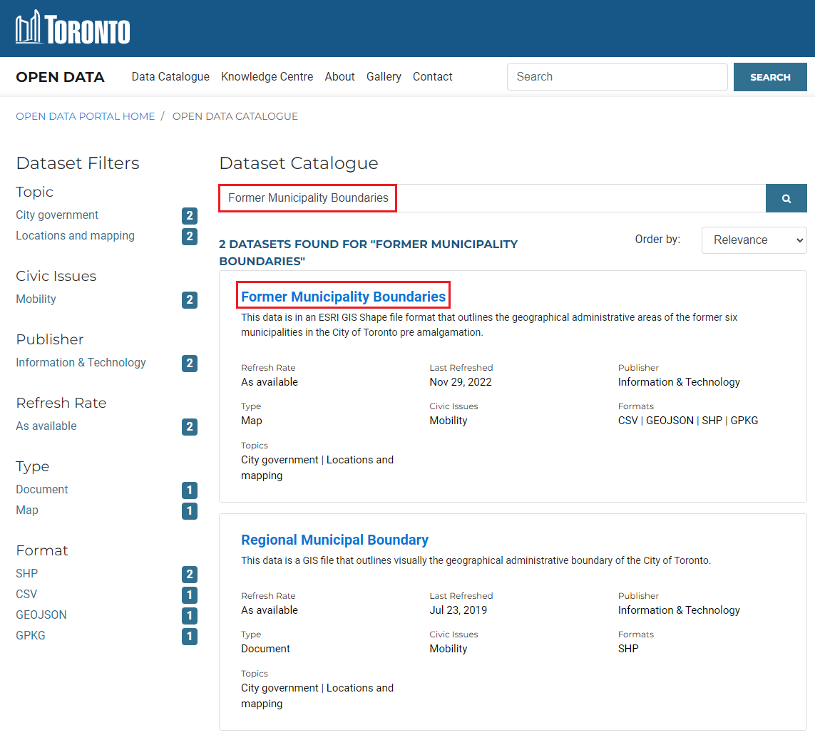 The City of Toronto's Open Data portal. "Former Municipality Boundaries" has been searched and is the first result seen.