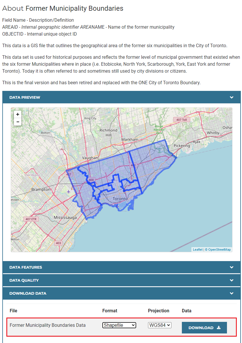 Data preview showing the extent of the Former Municipality Boundaries.