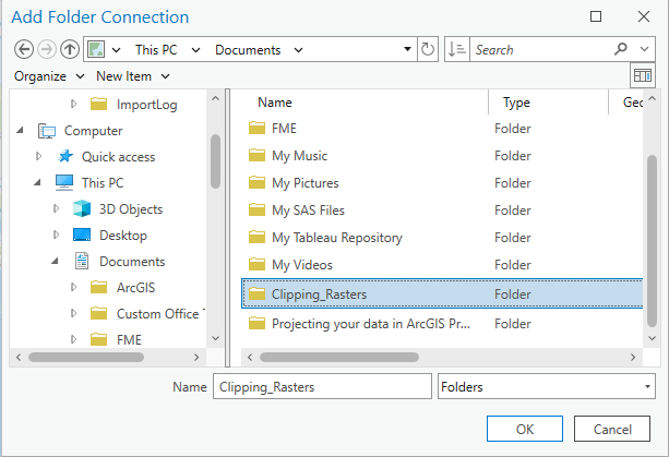 Add Folder Connection window where Clipping_Rasters is being connected to the project.