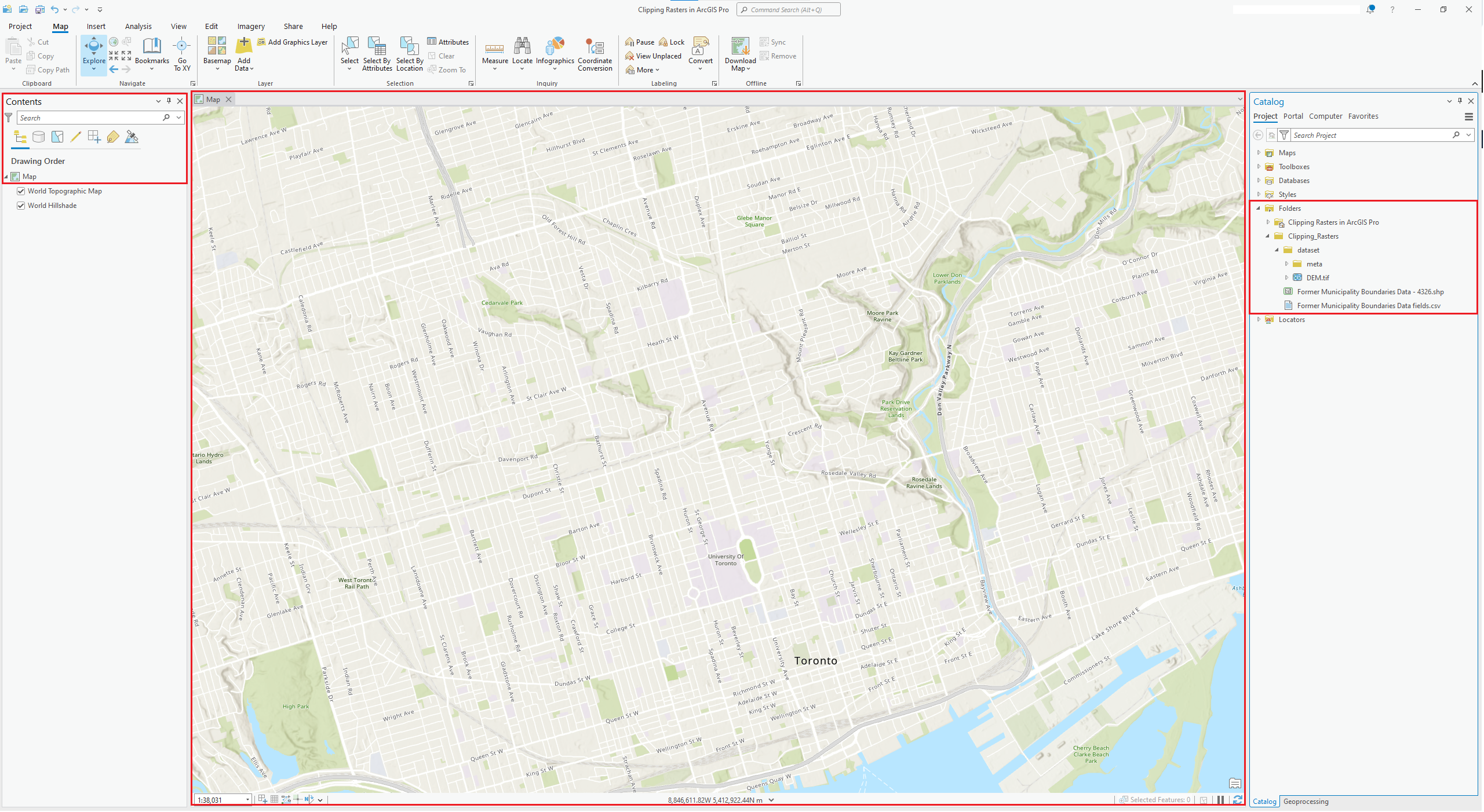 Catalog pane showing recently downloaded layers in the Clipping Rasters folder. The Drawing Order can be manipulated in the Contents pane.
