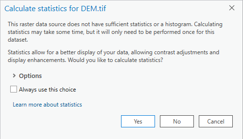 Calculate statistics window prompted upon uploading the DEM to the project.