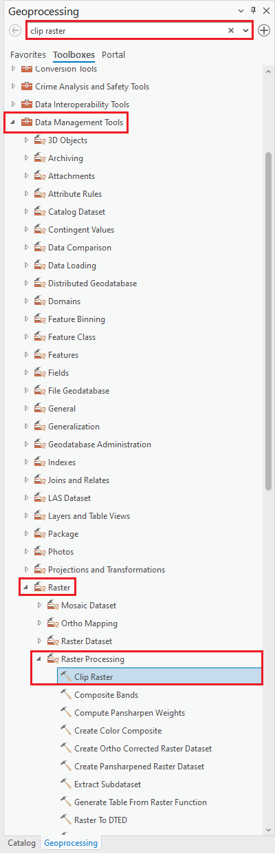 Geoprocessing pane showing the location of the Clip Raster tool found by navigating to the Raster and Raster Processing tabs in Data Management Tools