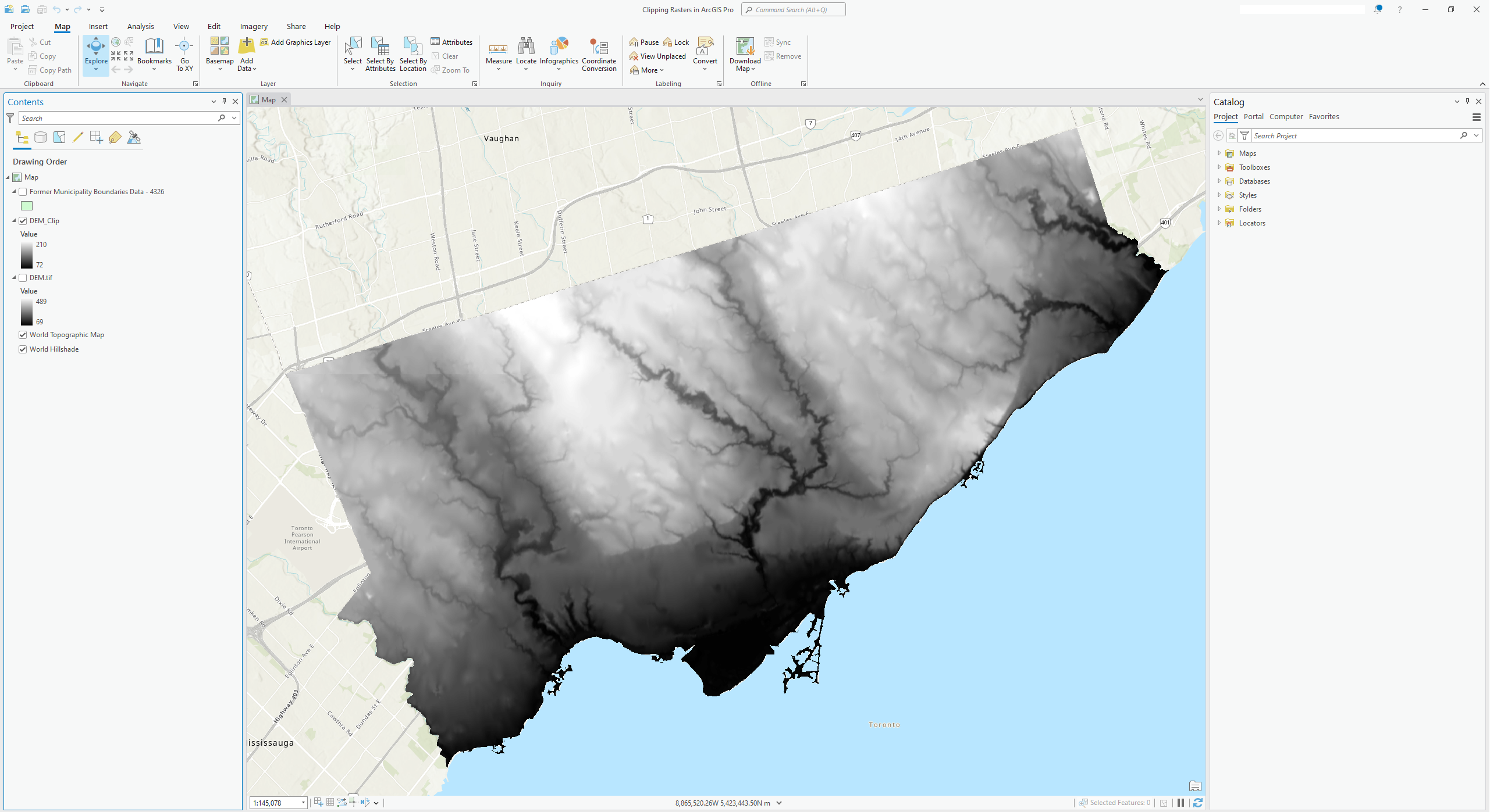 DEM clipped to the size of the Toronto Municipality Boundaries layer.