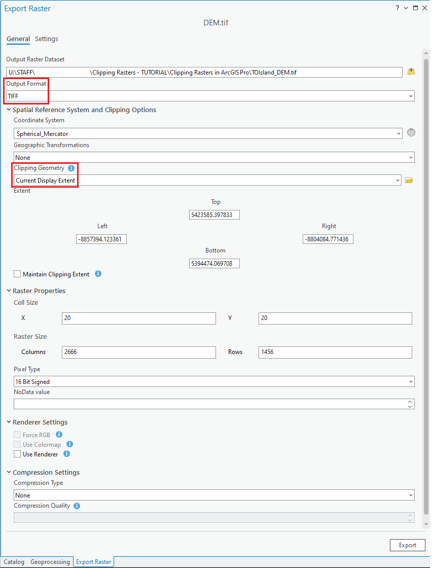 Export Raster window with selected Output Format as TIFF and Clipping Geometry set to "Current Display Extent".