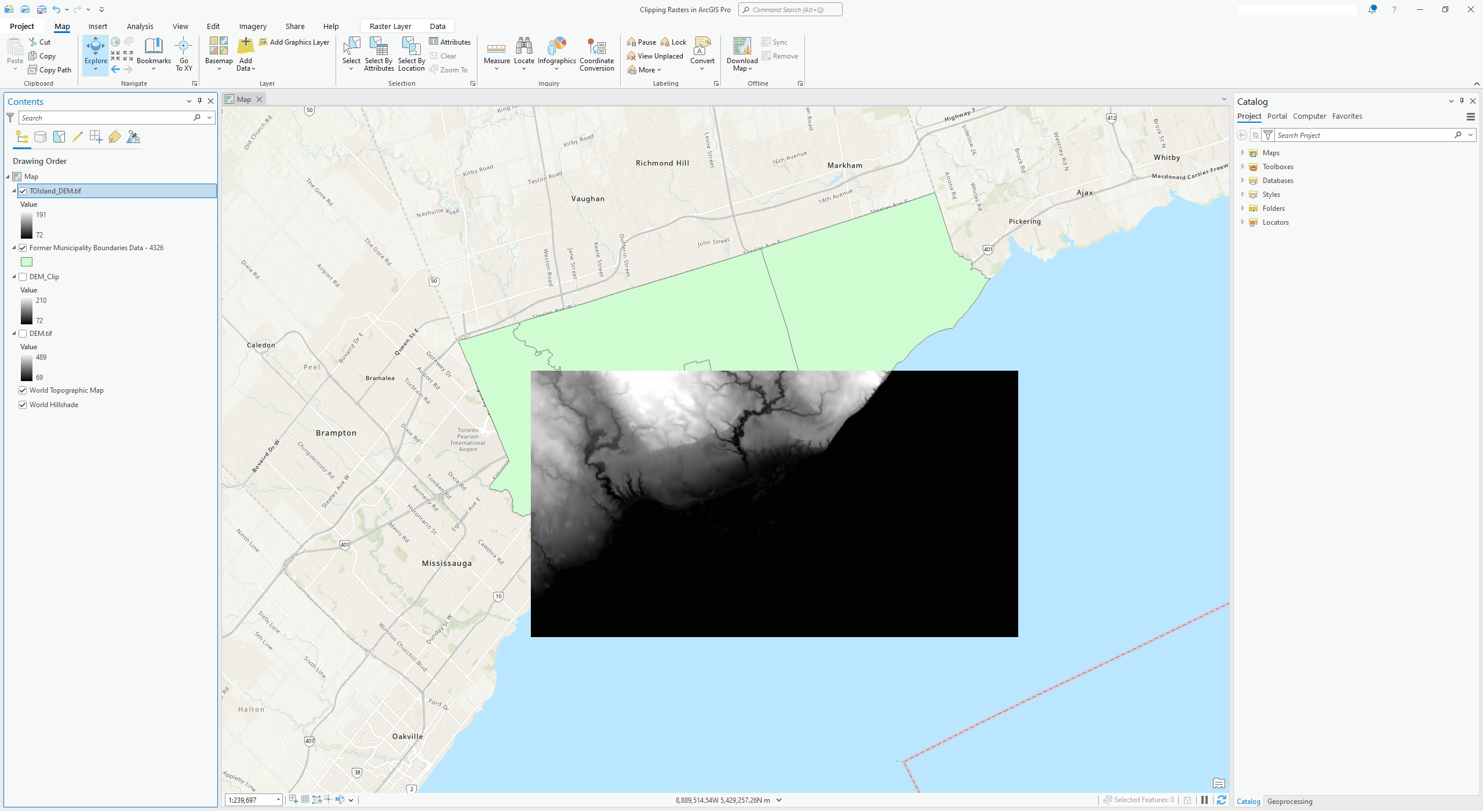 Clipped DEM on Former Municipality Boundaries layer.