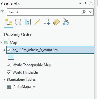 Downloaded and now inserted map is shown, additionally the PointMap.csv file is there below the tab "Standalone Tables"