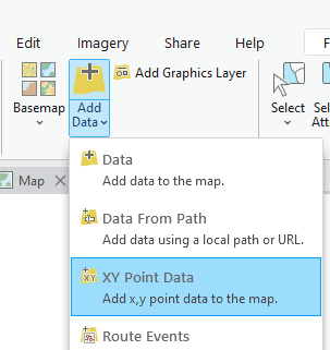 GUI popup of the XY Point Data option after pressing on Add Data