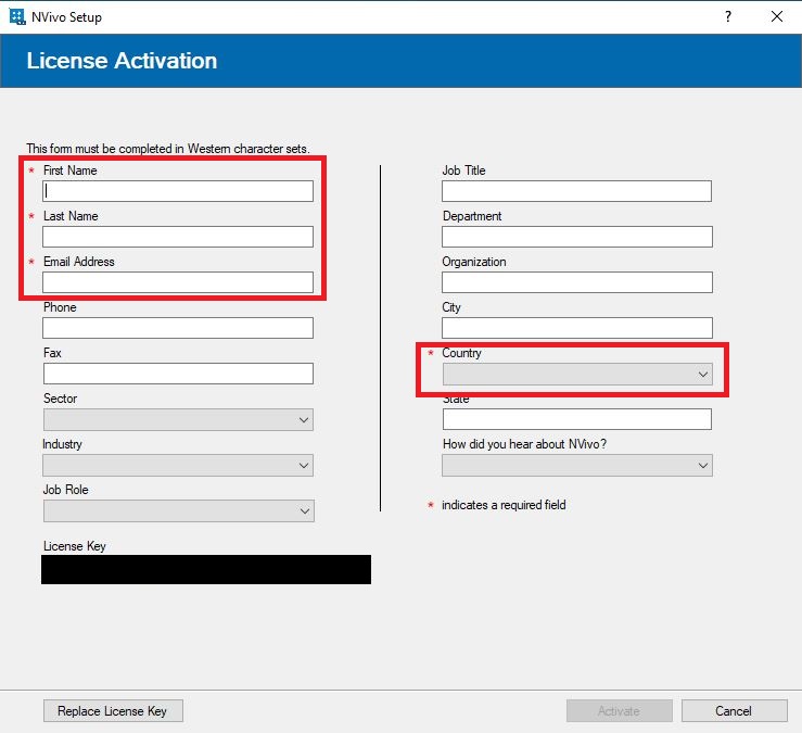 License Activation screen with First Name, Last Name, Email Address and Country highlighted