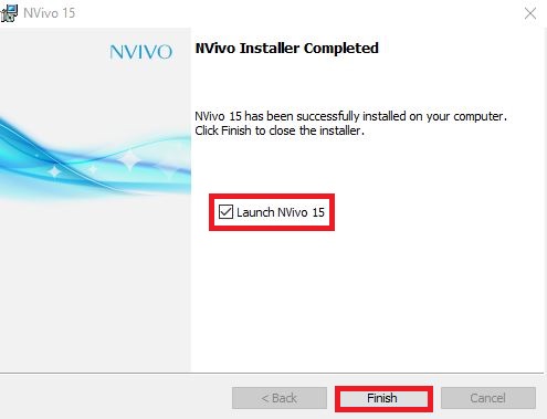 Nvivo Installed complete with Launch option selected and Finish highlighted