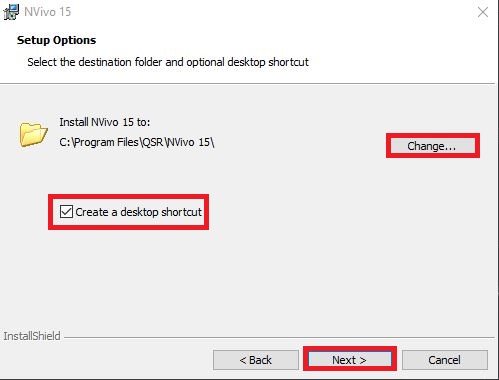 NVivo Installer with option to Change destination folder highlighted, create a desktop shortcut selected and Next highlighted