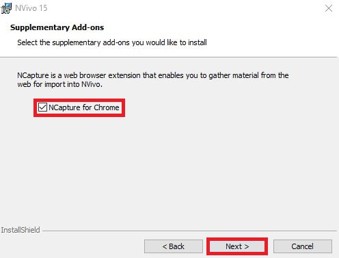 Nvivo installer with NCapture for Chrome selected and Next highlighted