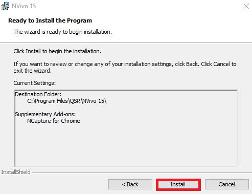 NVivo Installer with current settings and Install button highlighted