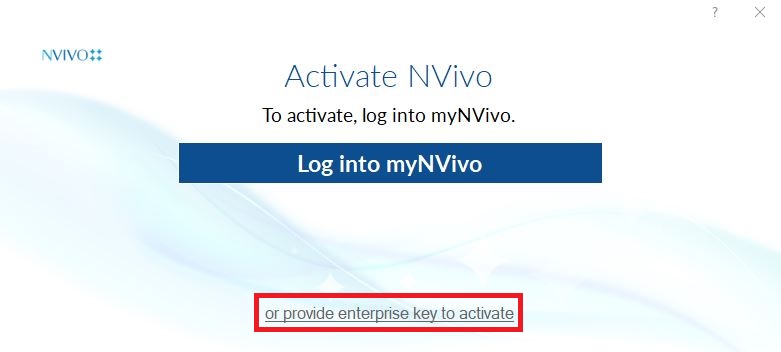 Nvivo login with "or provide enterprise key to activate" highlighted