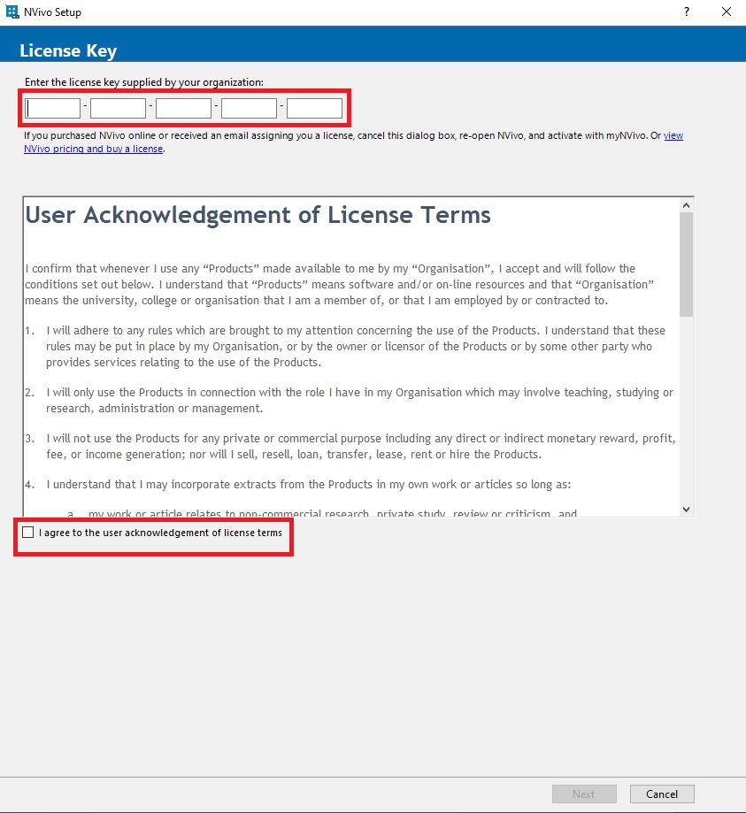 Nvivo License Terms with agreement option selected