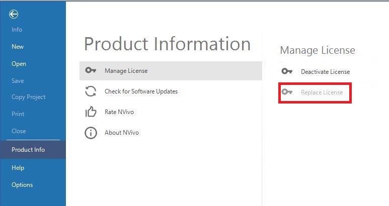 Product Information page with Replace License highlighted