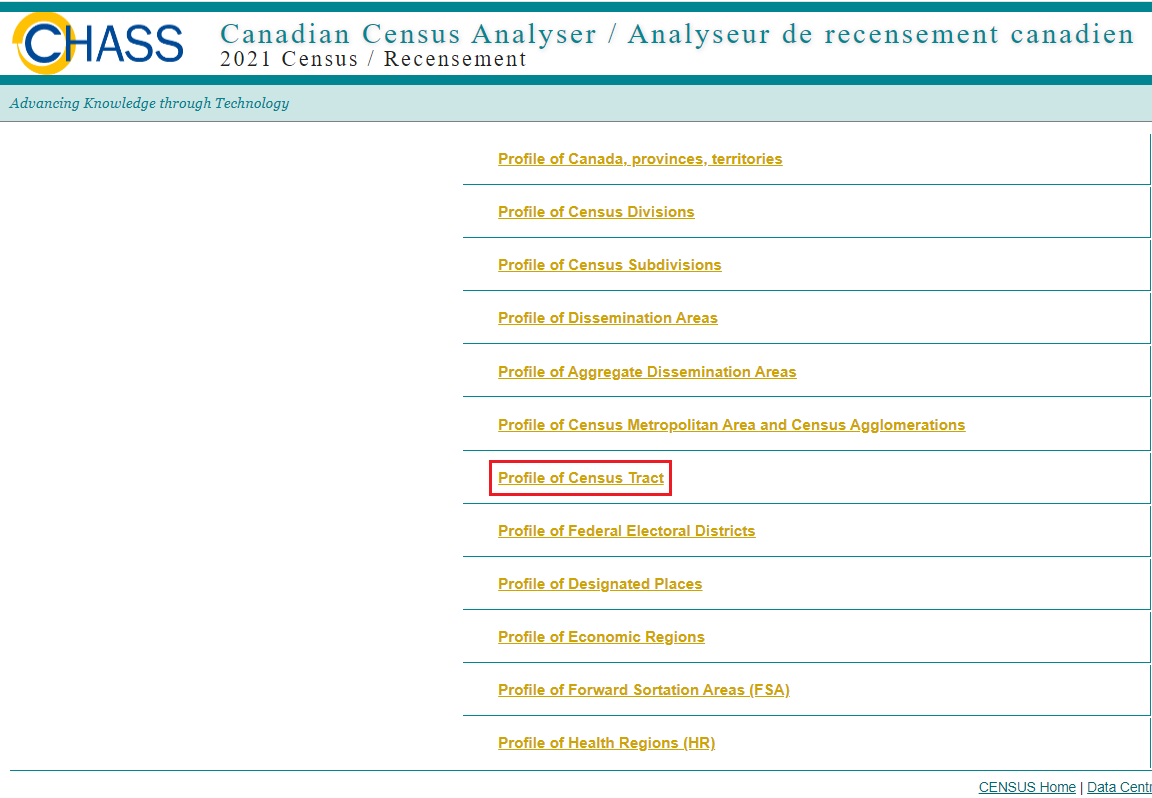 Profile of Census Tract option for the 2021 Census on CHASS.