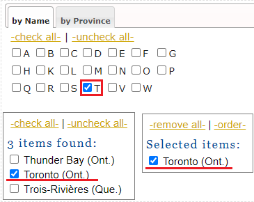 Selecting option "T" under the name tab brings up Toronto(Ont.)