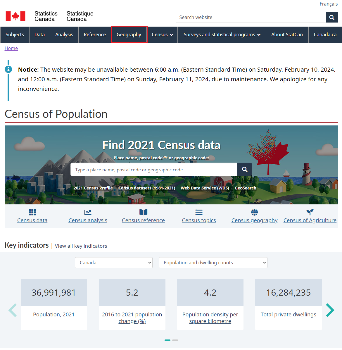 Statistics Canada's census data homepage.