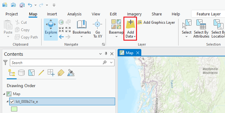 Add Data button found underneath the Map tab in ArcGIS Pro.