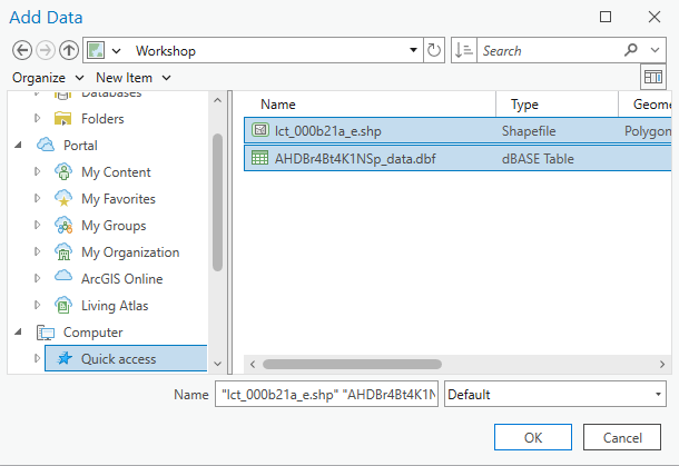 In the Add Data window, the .dbf and .shp files have been selected.