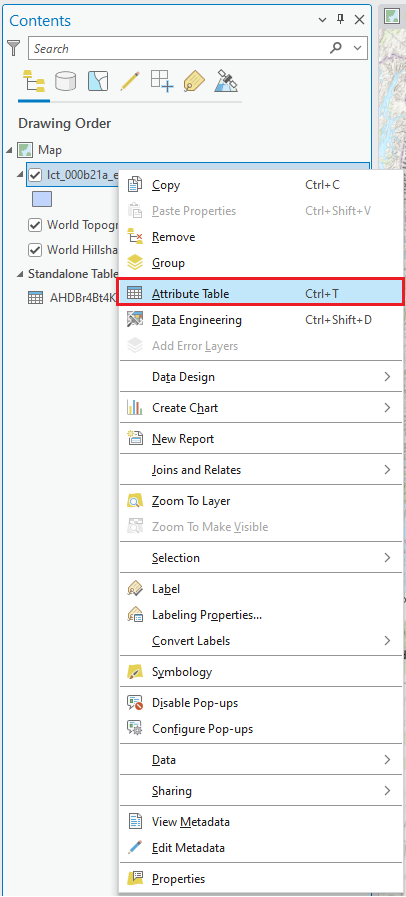 Opening the Attribute Table via right-clicking on the census tract boundary layer in the Contents pane.