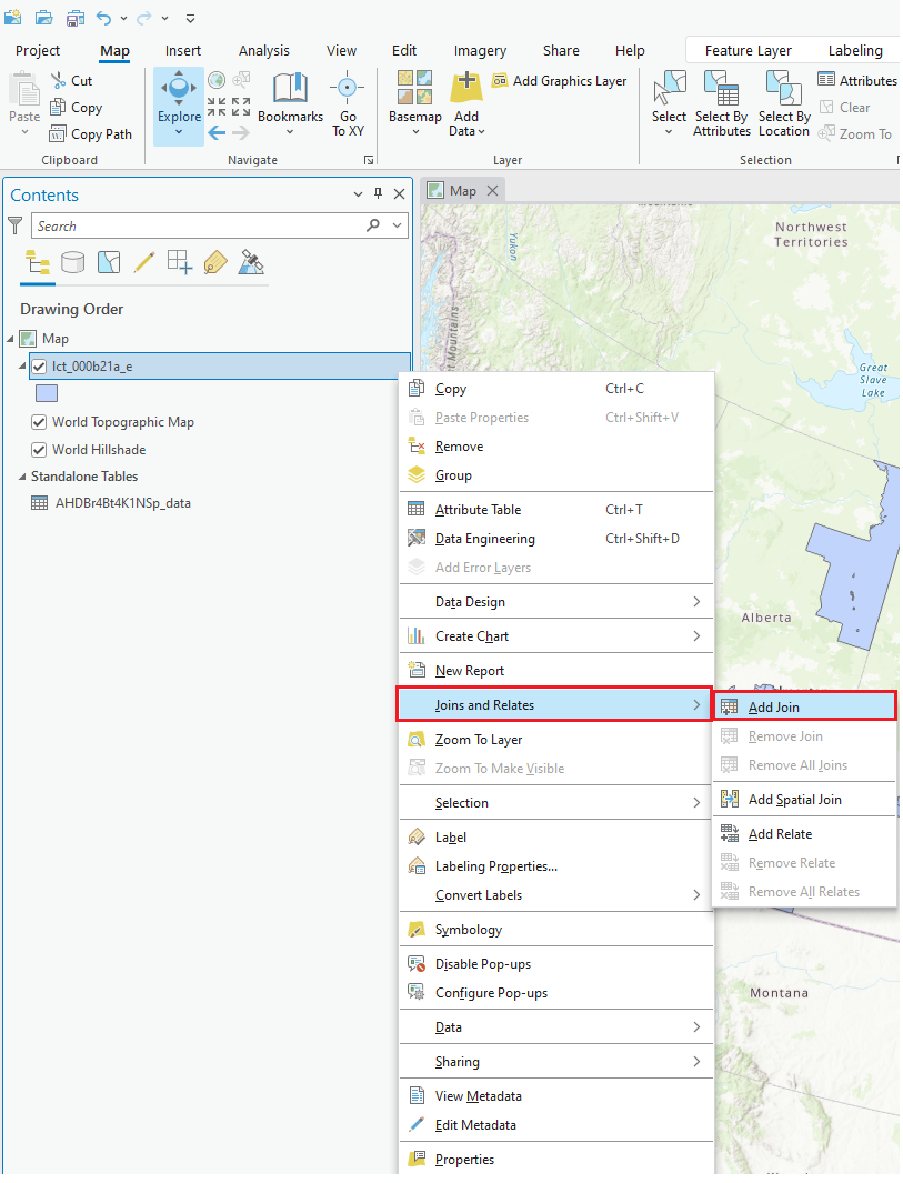Right clicking on the lct layer brings up an option menu. In the Joins and Relates tab, Add Join has been highlighted.