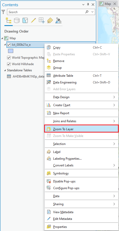 Zoom To Layer has been selected for lct_00b21a_e in the Contents pane.